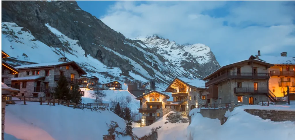 Village of Val Disere, France in the evening