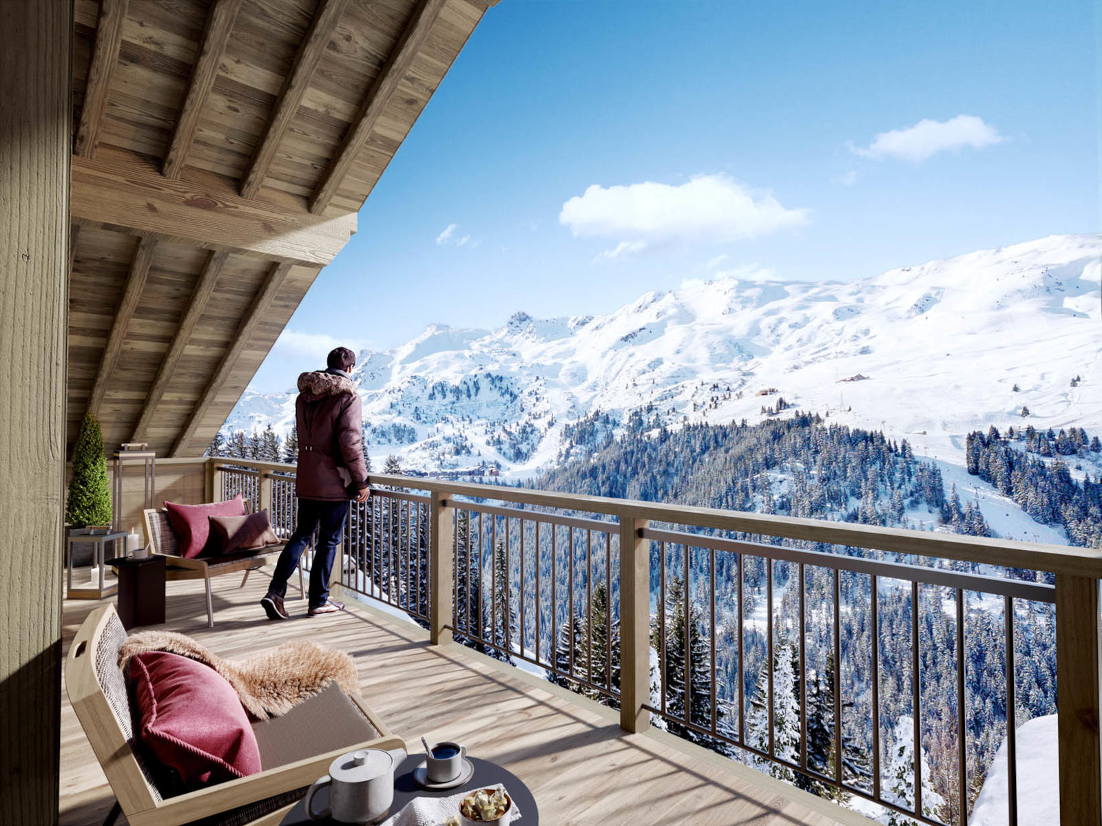 View of Méribel ski area from chalet balcony