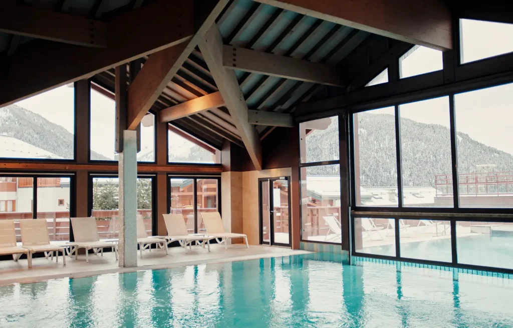 Peisey pool White Grizzly ski lodge at night