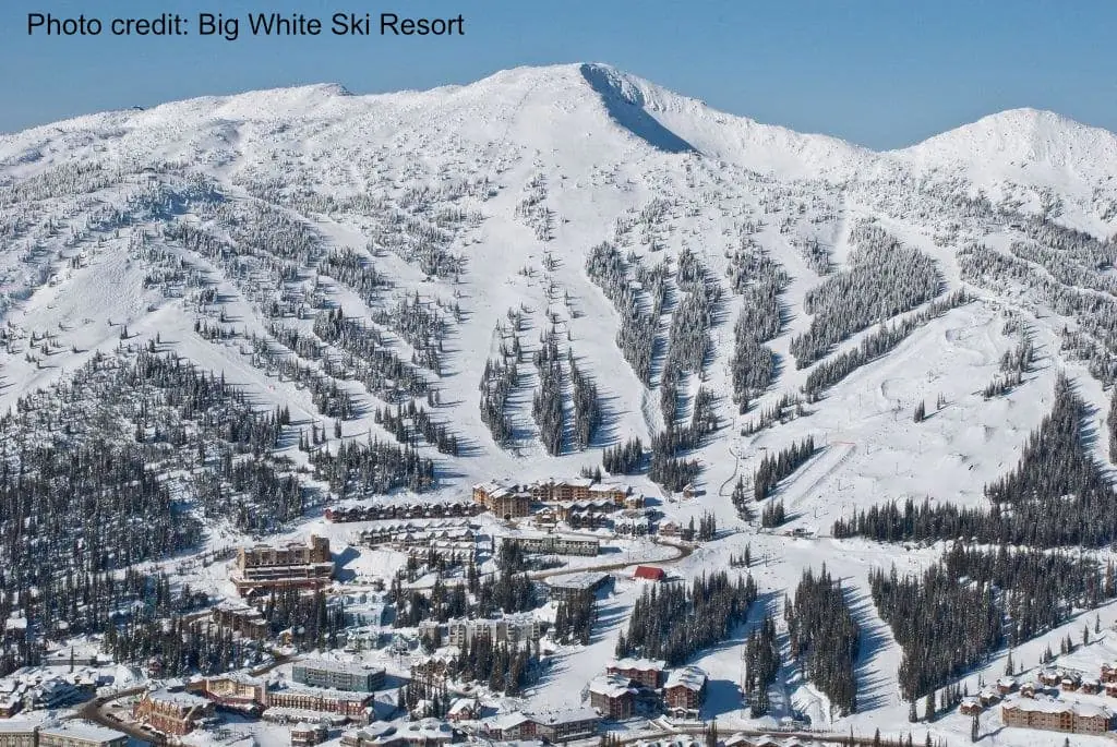 Big White 1 overhead view of Big White ski resort on a sunny day