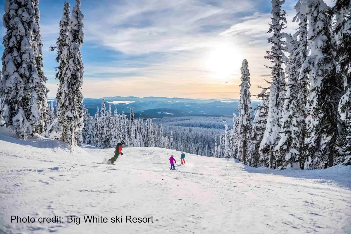 Big White 4 skiers on a groomed run at Big White ski resort