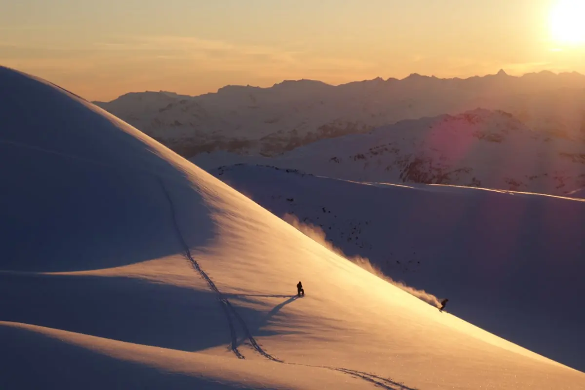 Glacier Highway 4 skiers at sunset in the backcountry