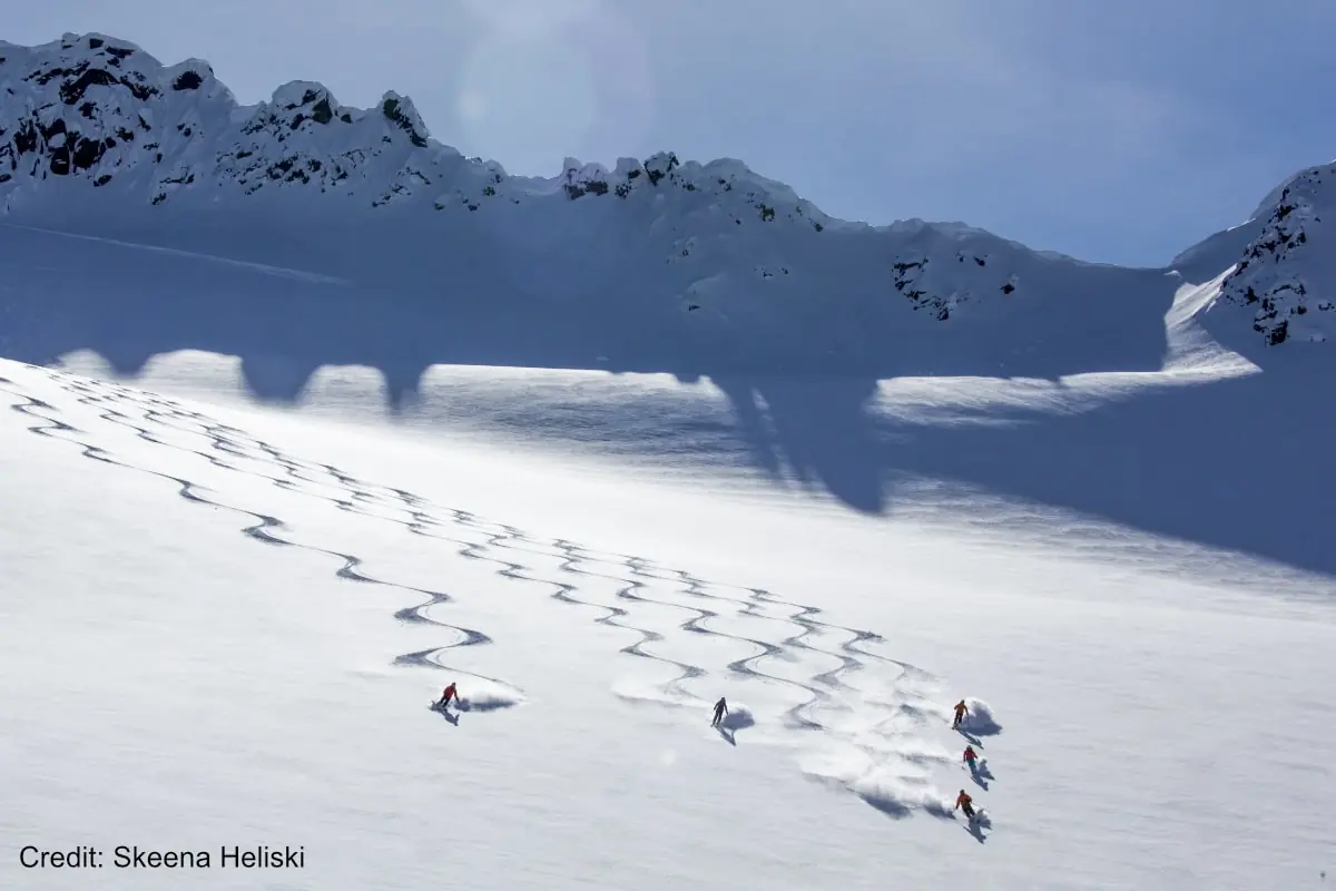 Skeena heli 1 group of skiers getting fresh tracks on a heli ski tour