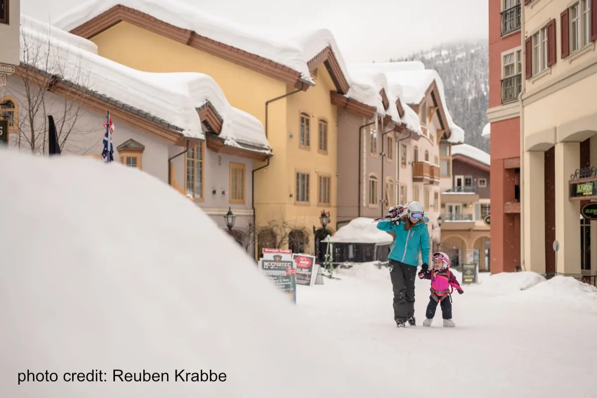 Sun Peaks 6 mom and daughter walking through a snowy Sun Peaks village