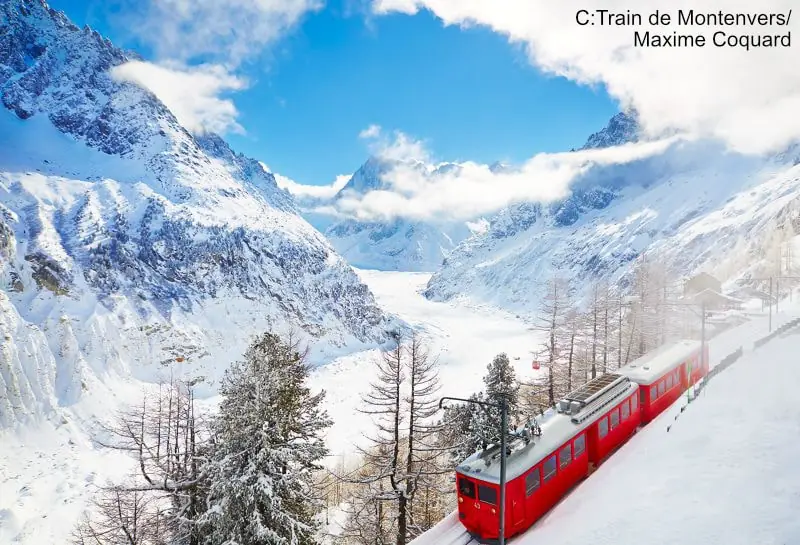 Ski train on the way to Chamonix in winter