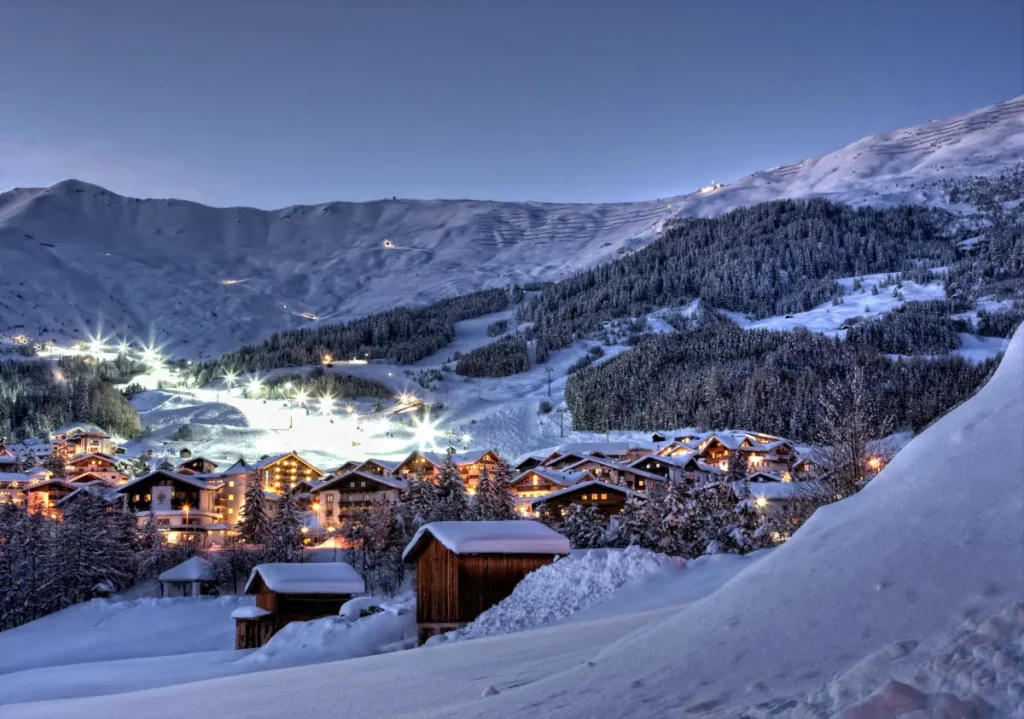 Ski resort of Fiss on a cold, snowy night
