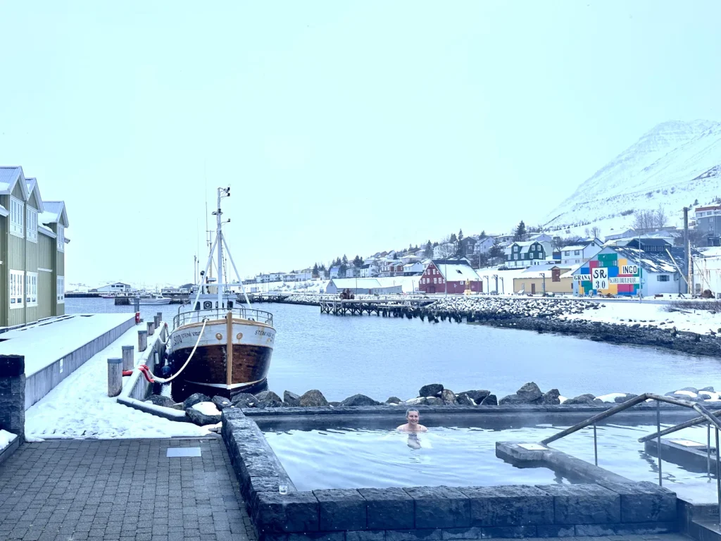 ships in a snowy harbour in Iceland