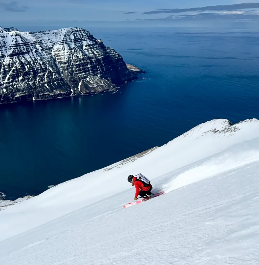 skiing high above a Fjord in Iceland