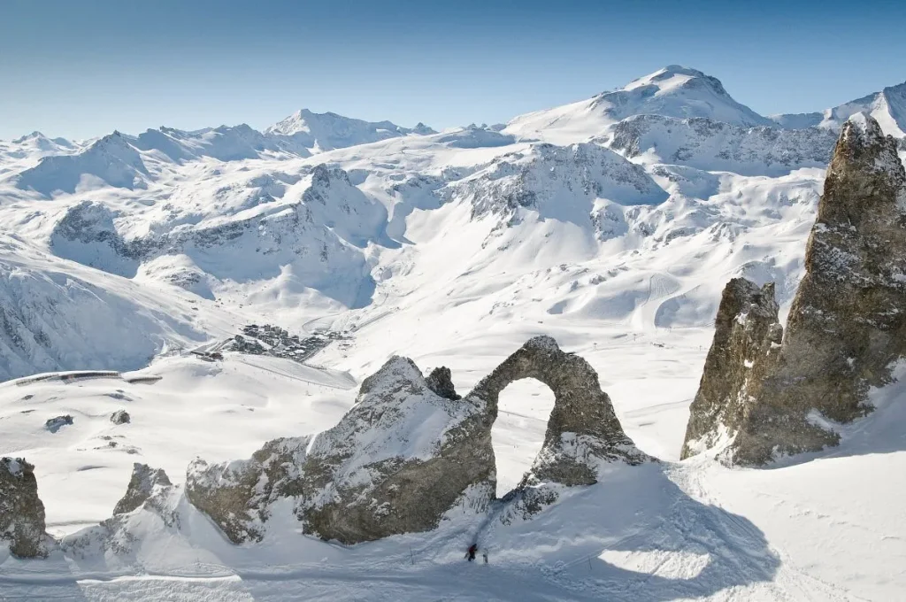 overhead view of snowy ski area in Courchevel